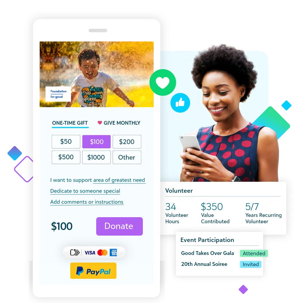 Mobile donation interface showing preset gift amounts and a Donate button, alongside a supporter dashboard with volunteer hours, contribution value, and event participation.
