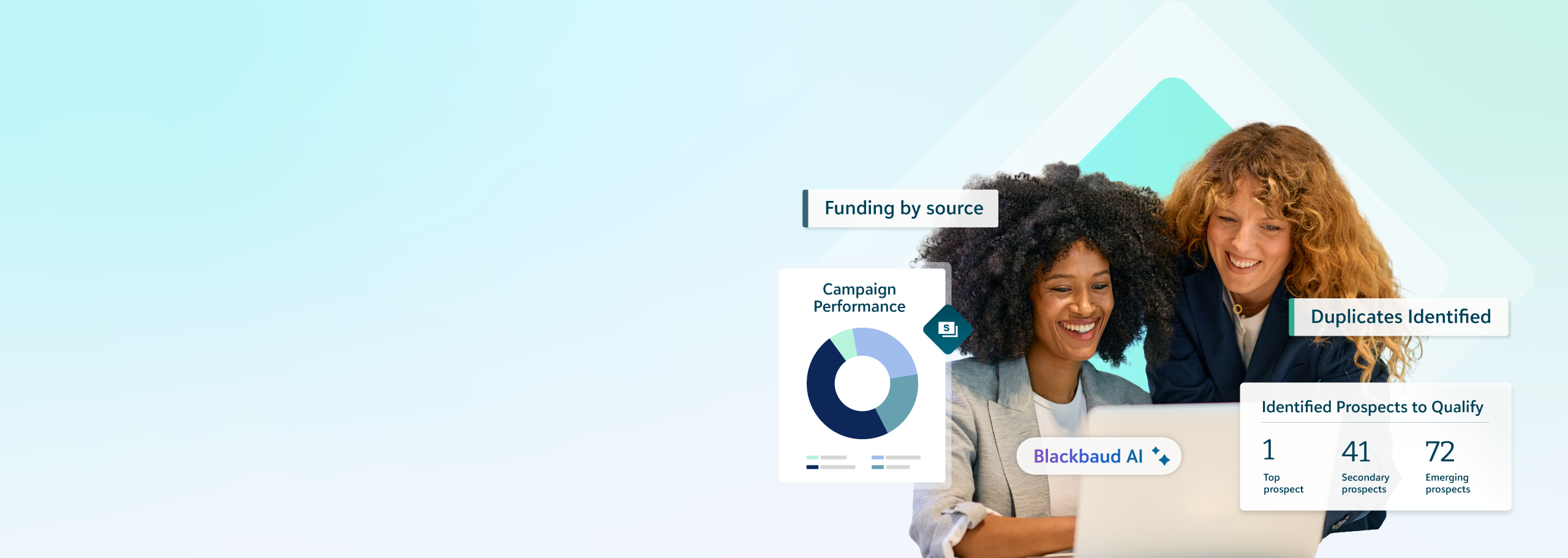 Two professional women reviewing AI-driven fundraising insights and donor data on a laptop